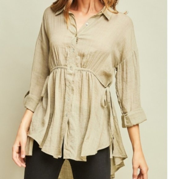 Tops - 📦Olivia Olive Green Peplum Button Up Linen Blouse